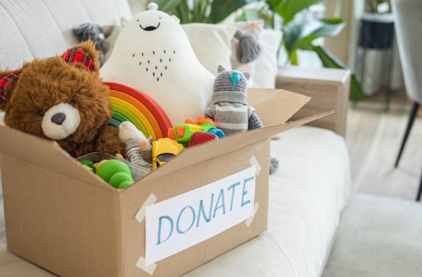 Cardboard box labeled donate, filled with colorful toys, plush animals, rainbow stacker, placed on a white couch indoors