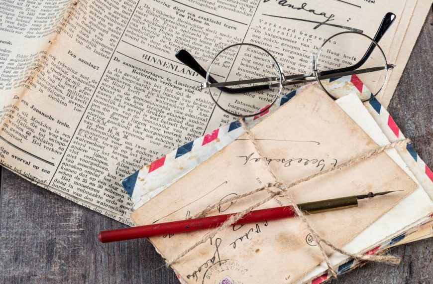 Stack of vintage airmail envelopes tied with string, old newspaper, red and green fountain pens, round eyeglasses