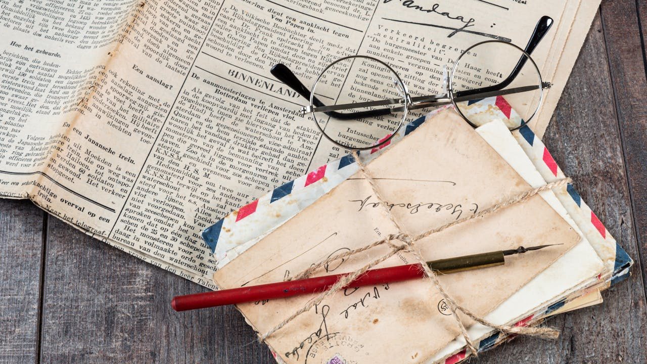 Stack of vintage airmail envelopes tied with string, old newspaper, red and green fountain pens, round eyeglasses