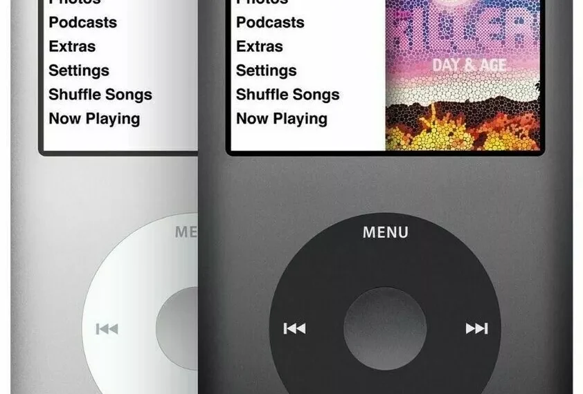 Two classic iPod models, one silver and one black, featuring a click wheel interface, small color screens displaying music menus, nostalgic digital music experience