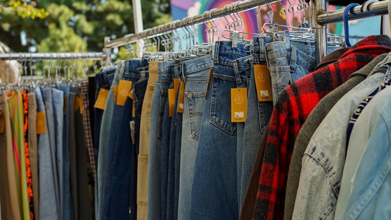 Assorted denim jeans on hangers, orange tags, outdoor clothing rack, flannel shirts, casual wear display
