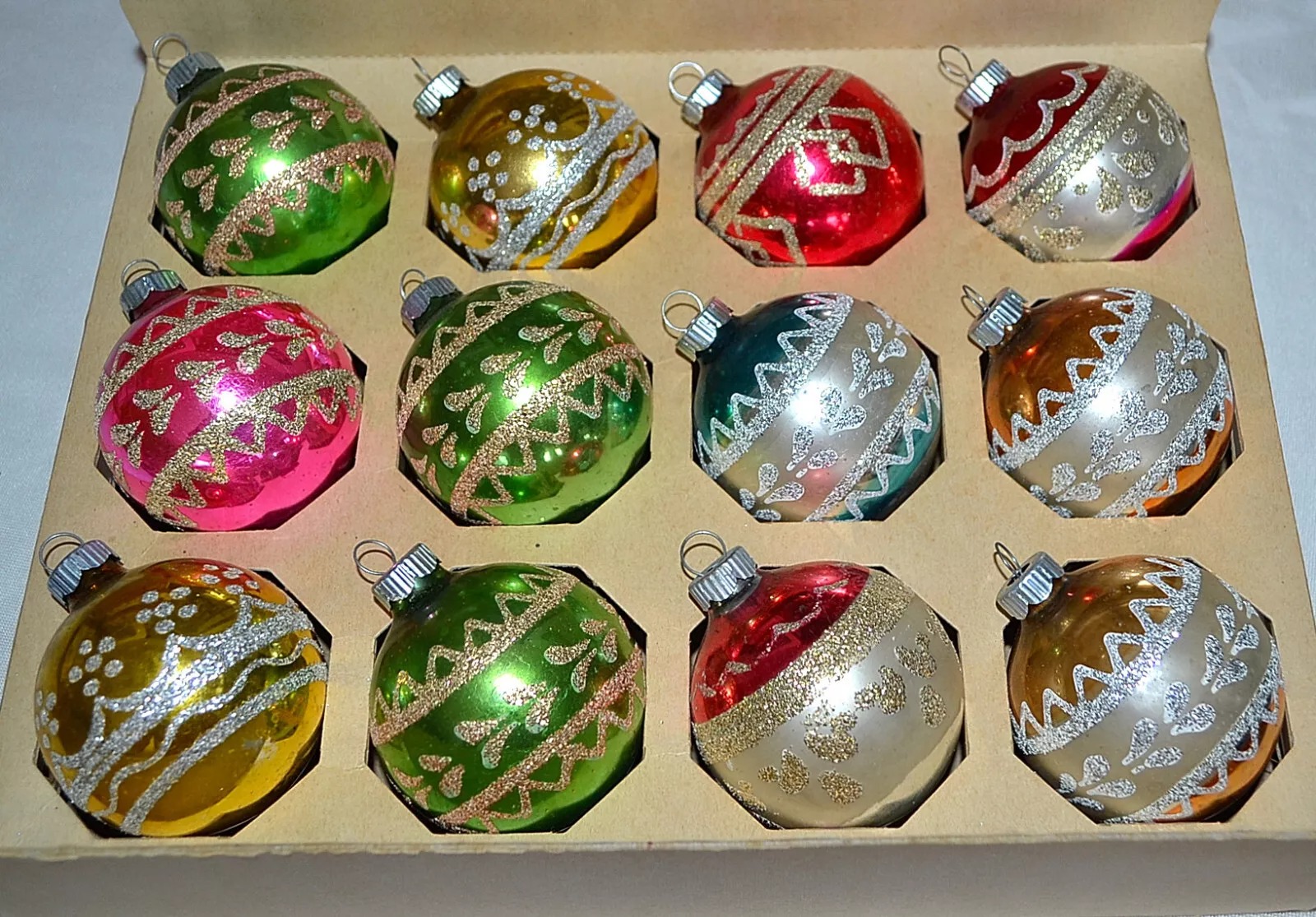 COLORFUL VINTAGE Mercury Glass Christmas MICA GLITTER Ornament SHINY BRITE W/Box