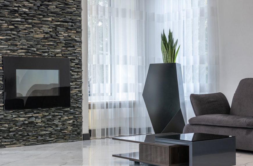 Contemporary living room, stone accent fireplace, sheer curtains, black geometric planter with tall plant, gray armchair, sleek coffee table