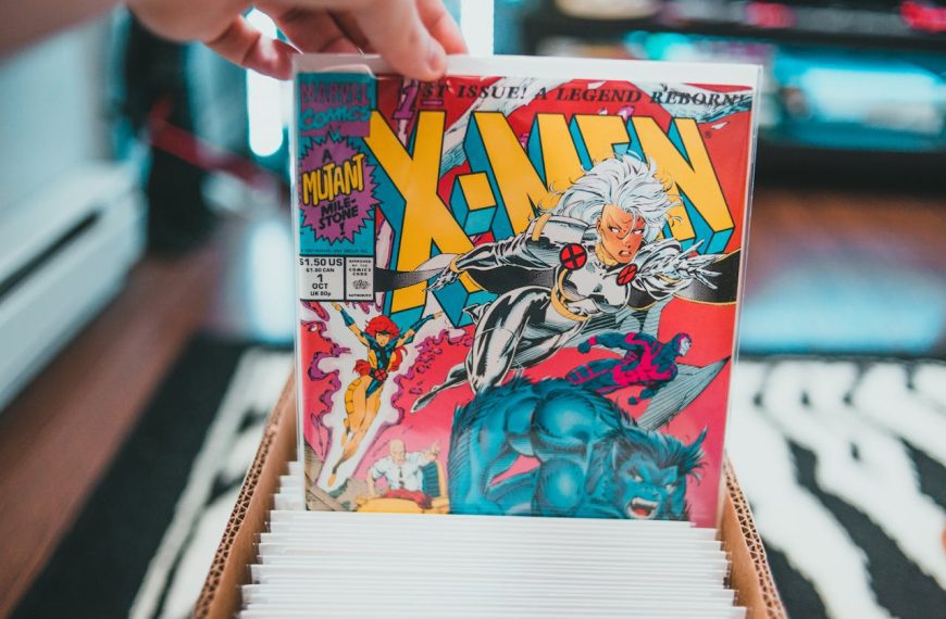 comic book first issue, Hand holding a bagged first issue of Marvel’s X-Men comic, colorful cover with Storm, Wolverine, and Beast, pulled from a comic box