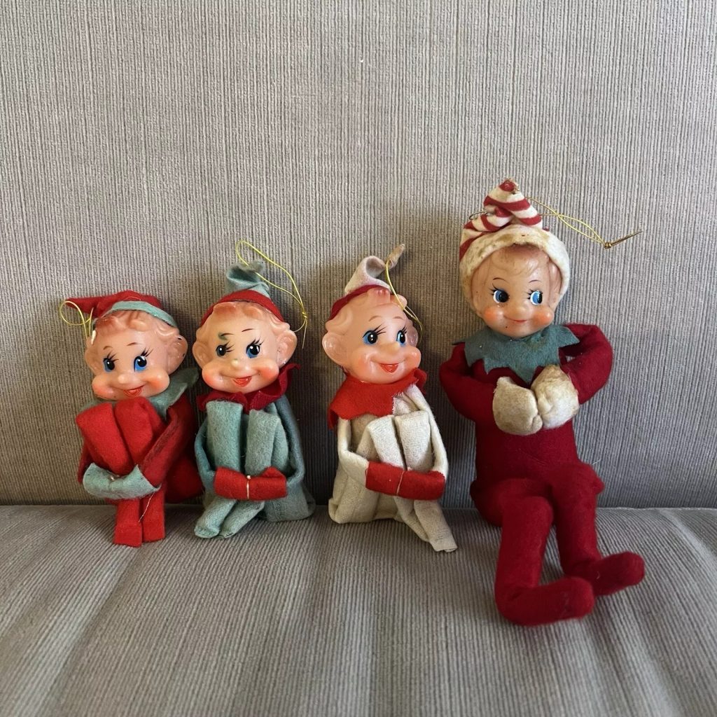 Vintage Felt Pixie Hugger Elf Shelf Sitter Dolls Christmas Ornament Mid Century