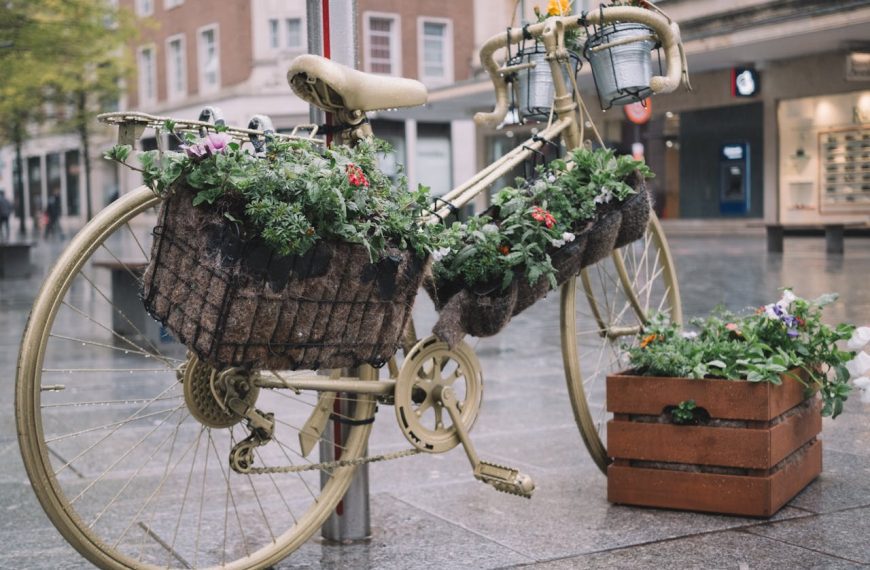 Vintage bicycle painted gold, filled with flower baskets, wooden crate with plants nearby, urban street setting, wet pavement