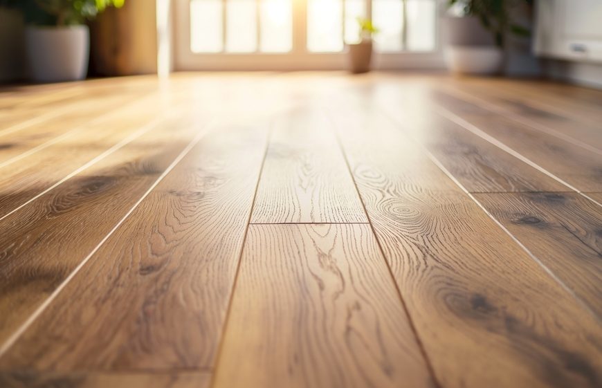 wooden floor in sunlight, blurred background window, soft natural lighting, indoor plant in corner, clean polished planks