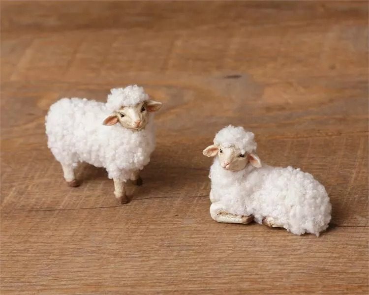 Wooly Easter White Sheep Lamb Laying Standing Figures Set of 2 Putz