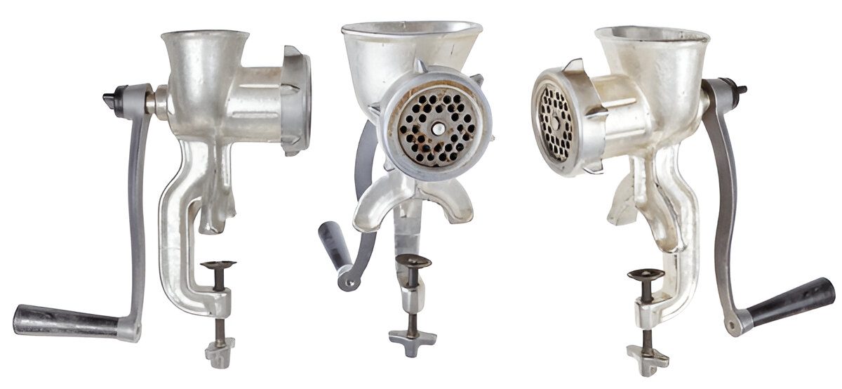 Three vintage metal meat grinders, hand-crank design, clamped to a surface, different viewing angles, manual operation, silver finish, textured handles.