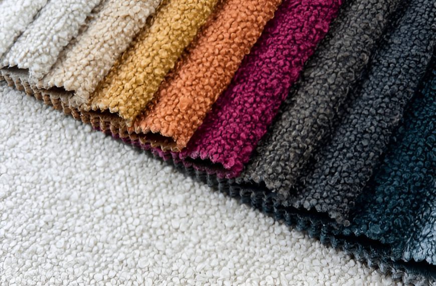 Bright collection of gunny textile samples. Multicolor Fabric texture background. Textiles for modern design. Samples of boucle fabric.