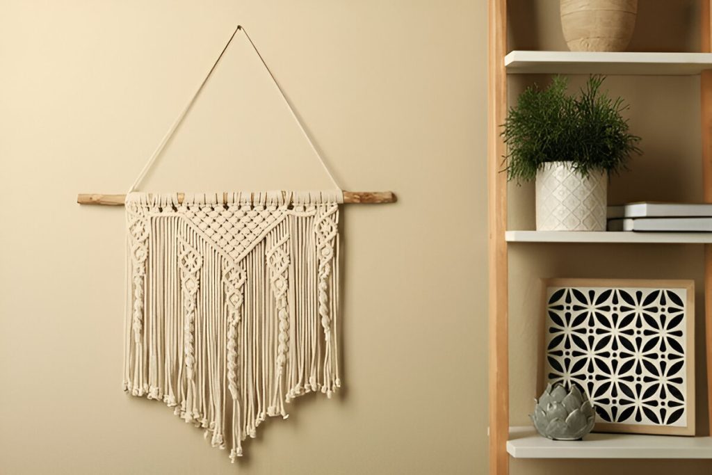 A cream-colored macramé wall hanging, suspended from a thin string tied to a wooden dowel, decorates a beige wall. To the right, a wooden shelf holds a small green plant, a decorative white cutout, and a small sculpture