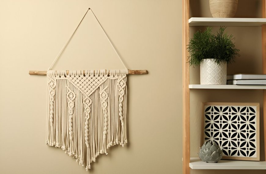 A cream-colored macramé wall hanging, suspended from a thin string tied to a wooden dowel, decorates a beige wall. To the right, a wooden shelf holds a small green plant, a decorative white cutout, and a small sculpture