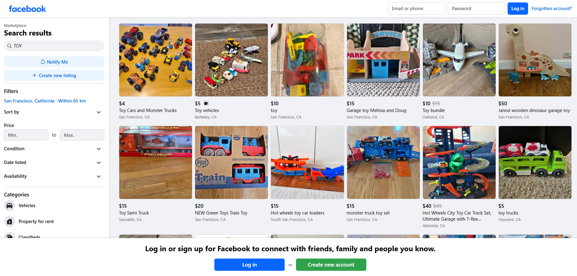 facebook market place with a search toys 