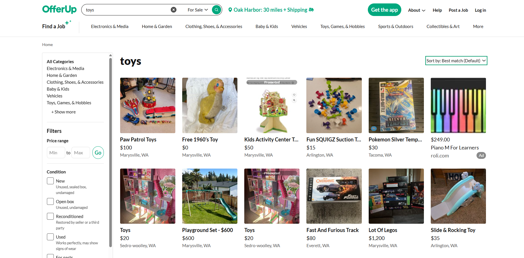 offerup product page with a search of toys 