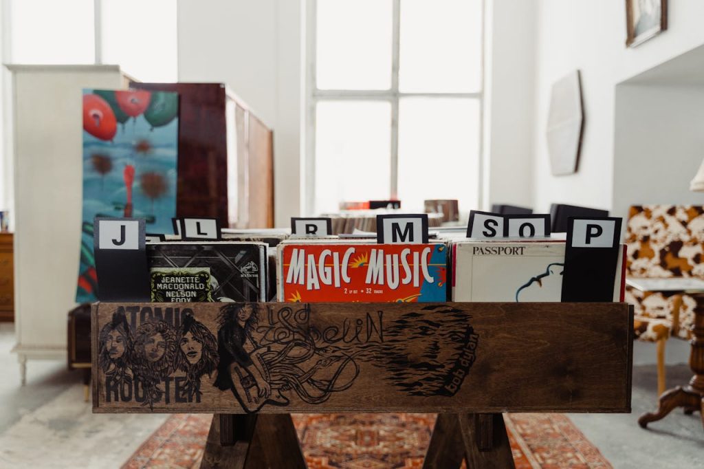 Wooden vinyl record crate with band illustrations, containing alphabetically organized albums including "Magic Music," Passport, and Led Zeppelin records, displayed in bright room with large windows