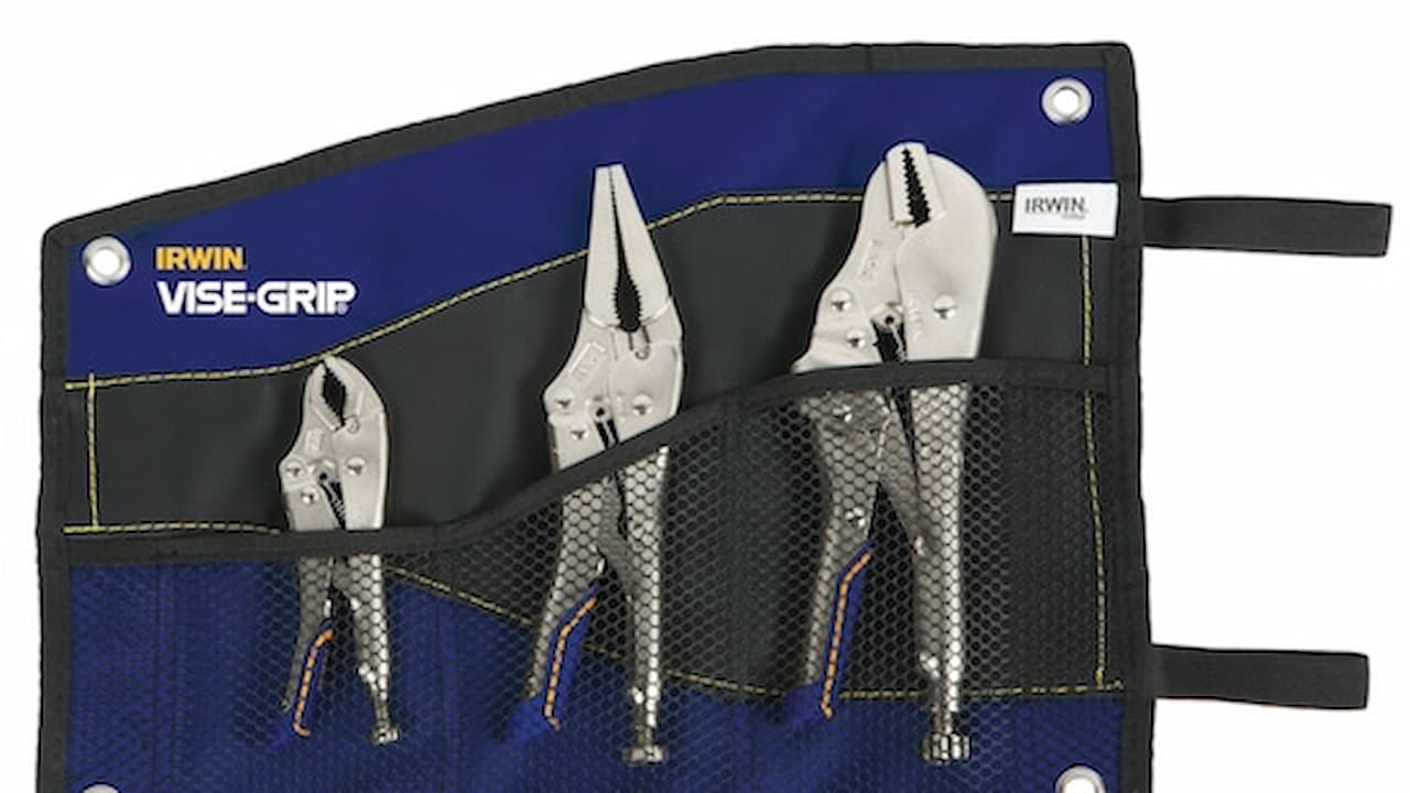Set of three Irwin Vise-Grip locking pliers in different sizes arranged in a blue and black fabric tool roll. The metallic tools have curved handles and adjustable jaws for gripping various objects