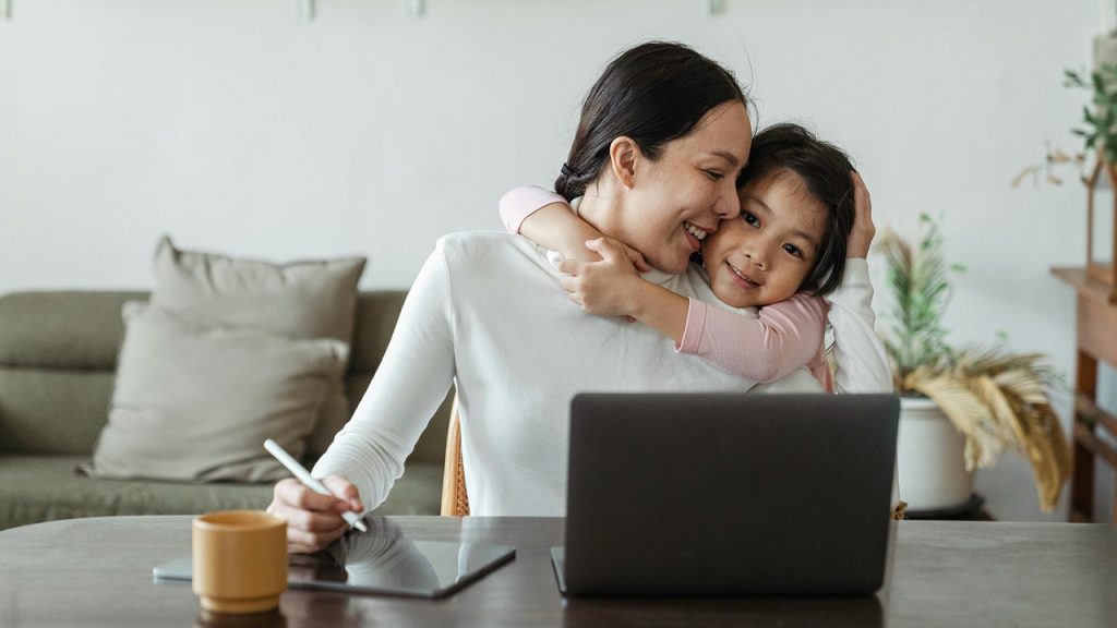 Woman, daughter laptop, Family