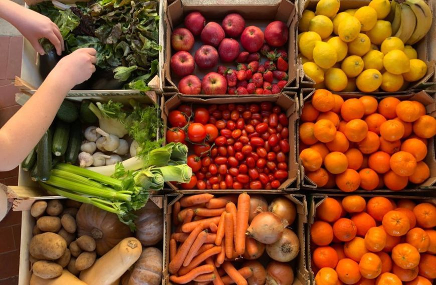 Cardboard boxes filled with fresh produce including vegetables, fruits, and leafy greens, with hands selecting items from left side