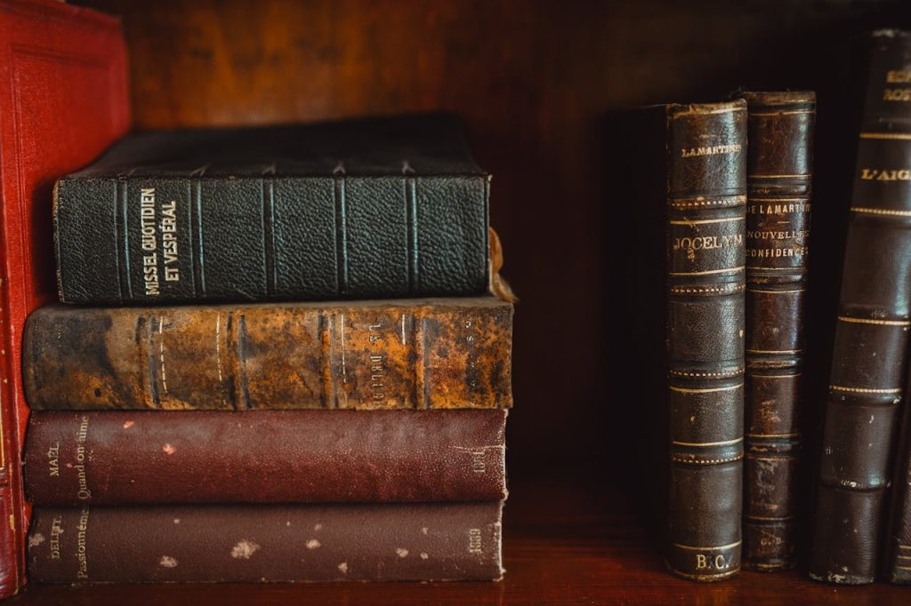 Stack of antique leather-bound books with varying colors and textures. The collection includes dark green, brown, and burgundy volumes with gold-embossed spines, displayed against a dark wooden background