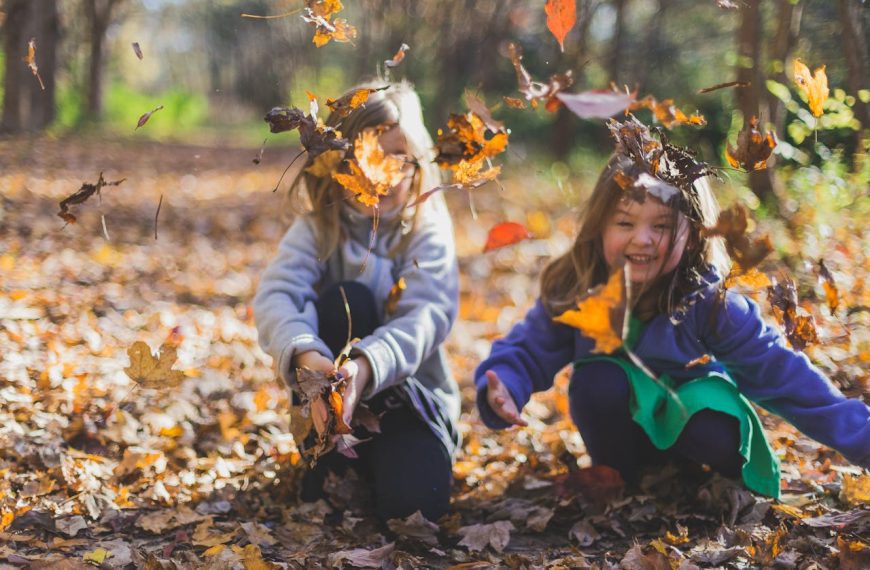 Two young children playing in autumn leaves, throwing colorful foliage in the air while crouching in a forest