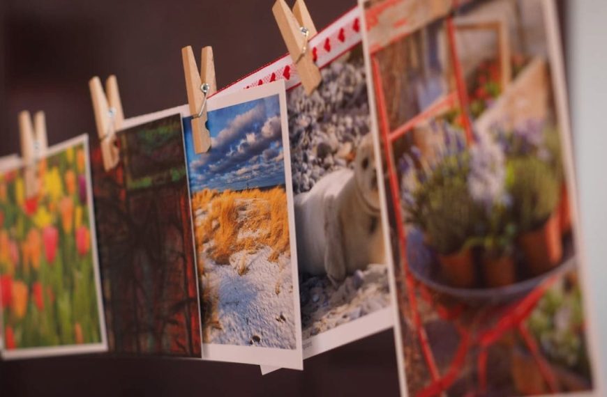 Colorful photographs hanging on a string with wooden clothespins, showcasing nature scenes and flowers, in a soft indoor setting