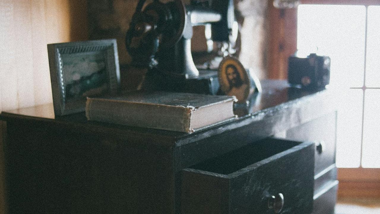 Vintage wooden dresser, old book with worn edges, antique sewing machine, soft natural light through window, nostalgic and rustic interior setting