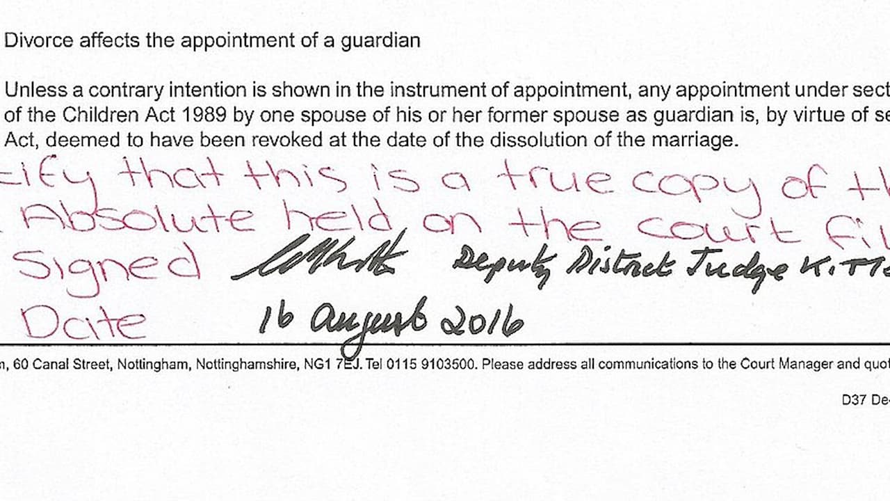 Handwritten declaration on an official printed form, black ink signature, dated 17 August 2015, mentions registration of birth, Office of Births, Marriages, and Deaths, printed instructions at the top, formal layout, white background with lined writing area
