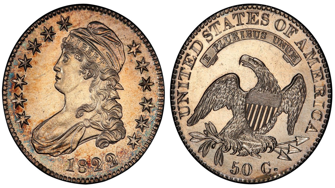 1822 Capped Bust Half Dollar, obverse shows Liberty with flowing hair and cap, reverse depicts heraldic eagle with shield