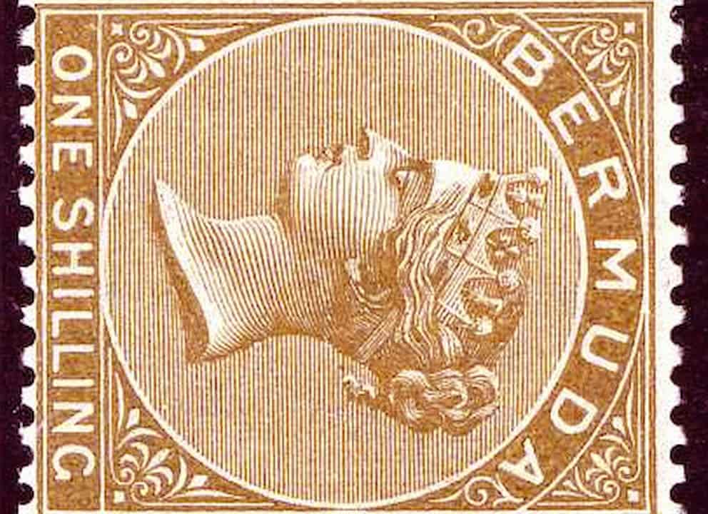 Vintage Bermuda postage stamp, labeled "ONE SHILLING" on the left and "BERMUDA" on the right, features an upside-down profile portrait of Queen Victoria in brown ink with ornate detailing