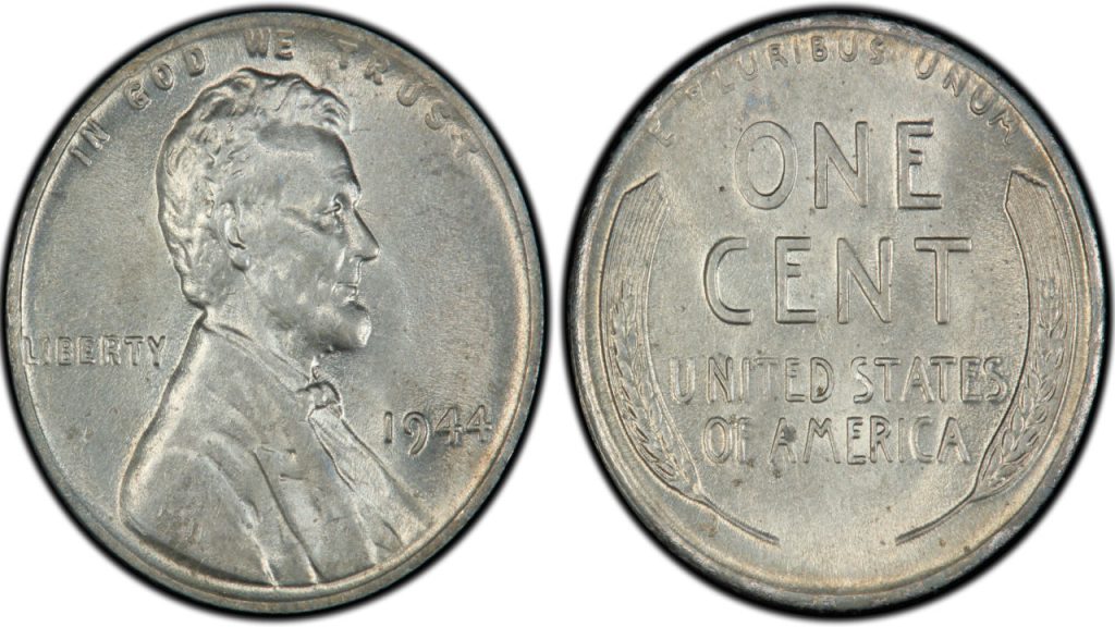 1944 steel Lincoln wheat penny, showing Lincoln's profile on obverse, “ONE CENT” and wheat stalks on reverse