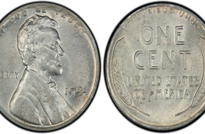 1944 steel Lincoln wheat penny, showing Lincoln's profile on obverse, “ONE CENT” and wheat stalks on reverse