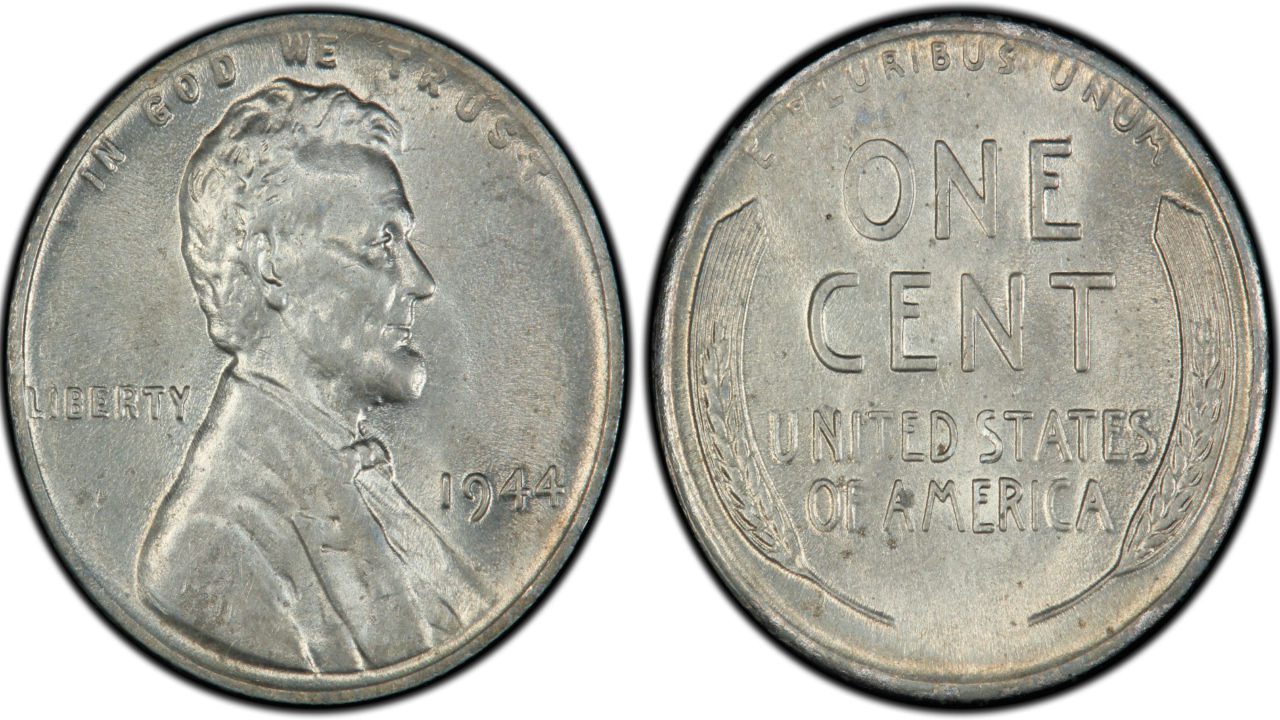 1944 steel Lincoln wheat penny, showing Lincoln's profile on obverse, “ONE CENT” and wheat stalks on reverse