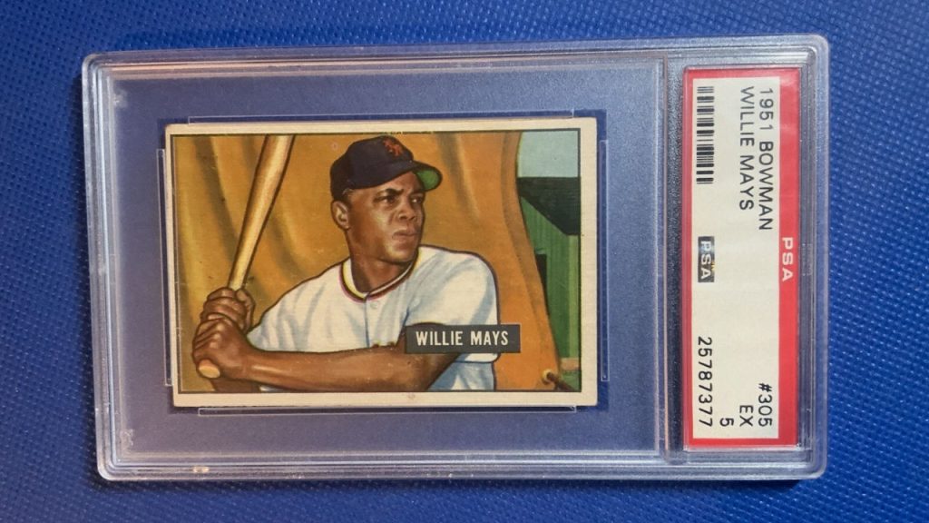 1951 Bowman Willie Mays rookie card, graded PSA 5, showing Mays in a batting stance, encapsulated in a clear protective case