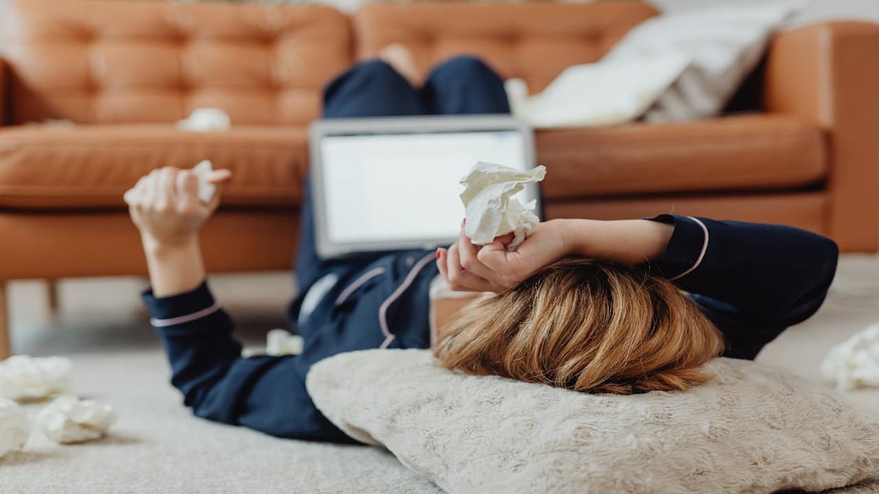 Coping with allergies or a cold at home, overwhelmed or exhausted from work or emotional stress, remote working while unwell, or showing the effects of seasonal flu or sinus issues