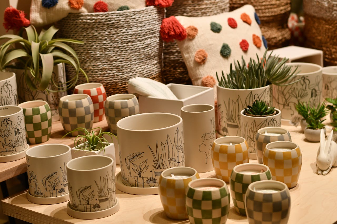 Ceramic pots with plants, patterned containers, decorative jars, cozy pillow with pom-poms in the background, warm indoor lighting, arranged on a wooden surface