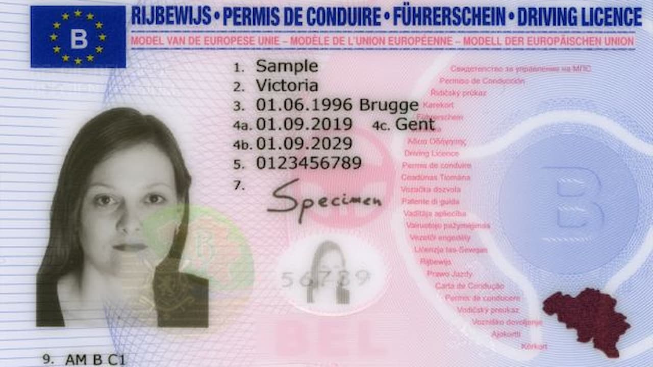 Belgian driver's license, features photo ID, personal information including name and date of birth, categories of authorized vehicles, EU symbol on top left, official holograms and security elements, red and blue color scheme, map of Belgium in lower right corner