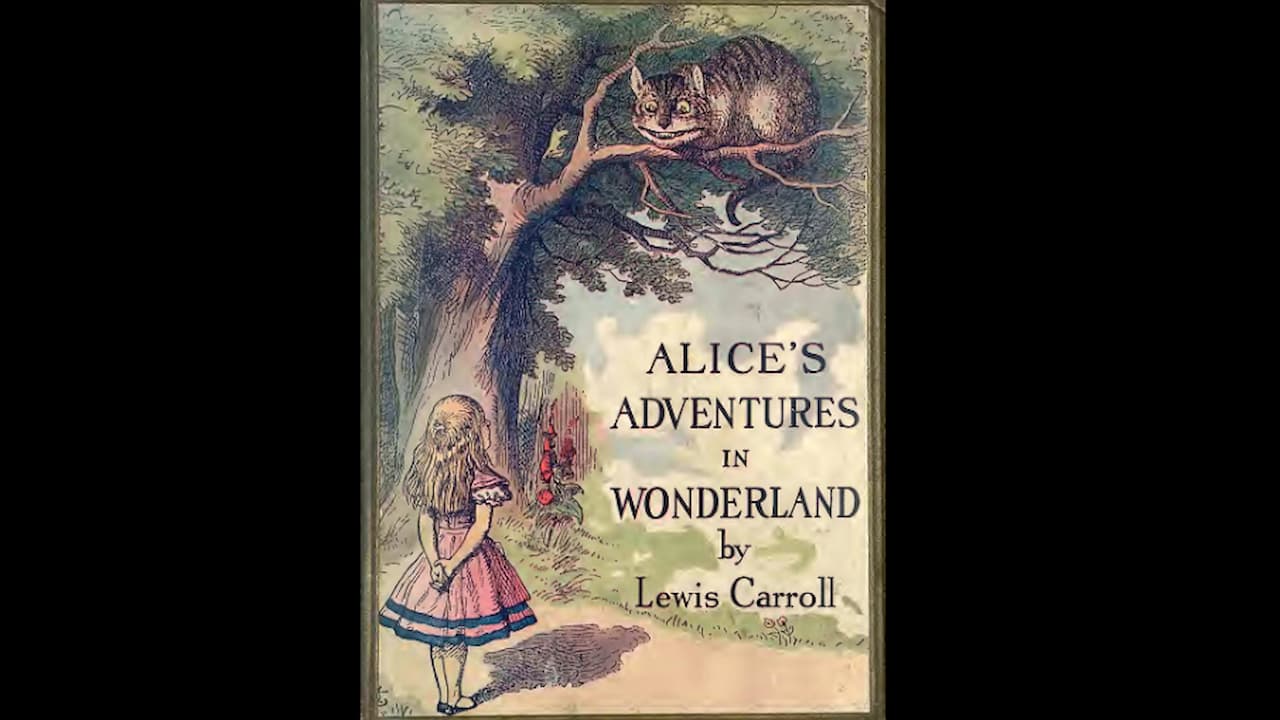 Illustrated book cover of Alice’s Adventures in Wonderland by Lewis Carroll, young girl Alice in a pink dress looking up at a grinning Cheshire Cat on a tree, whimsical forest scene, vintage illustration style