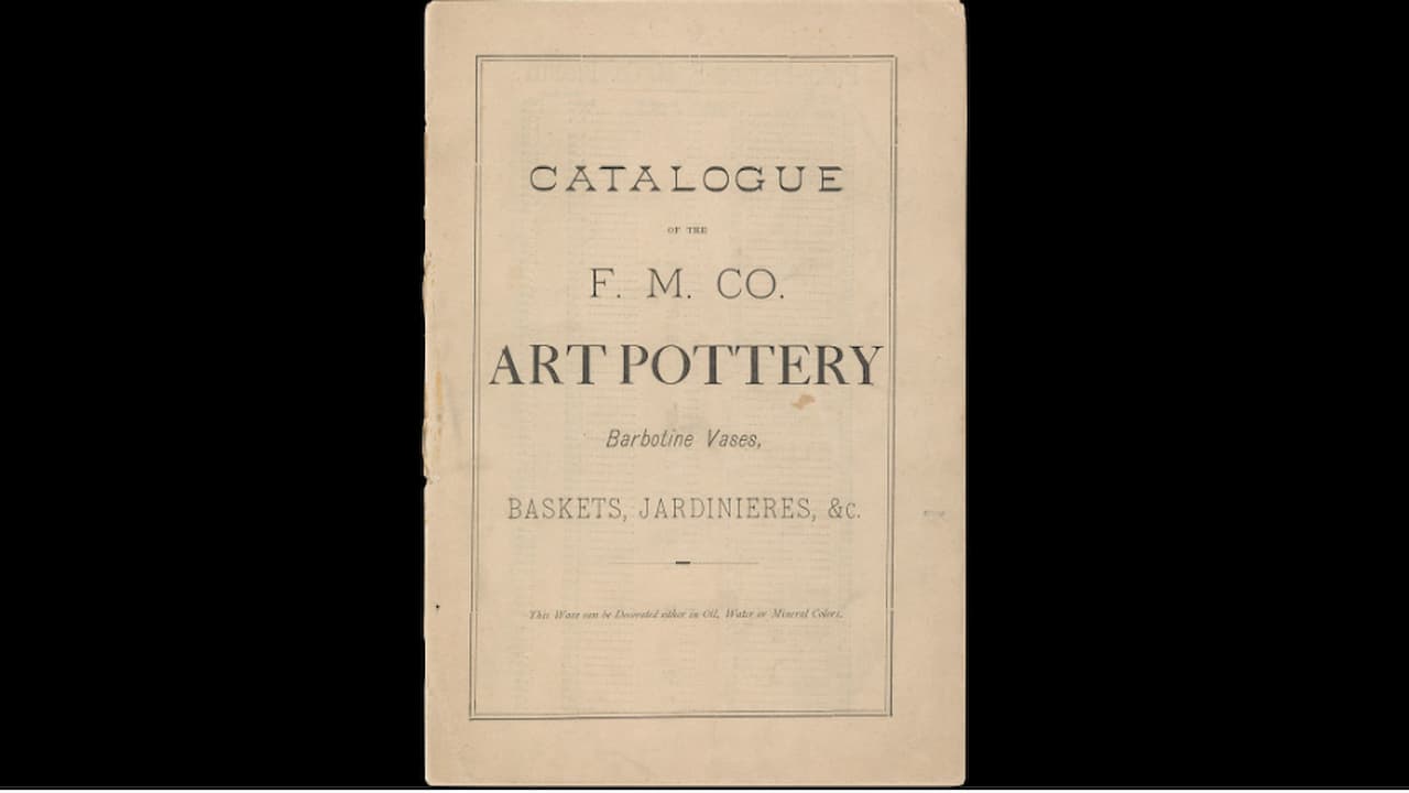 A vintage beige booklet titled “Catalogue of the F. M. Co. Art Pottery” featuring listings for Barbotine Vases, Baskets, Jardinières, &c., with decorative serif fonts and a thin rectangular border