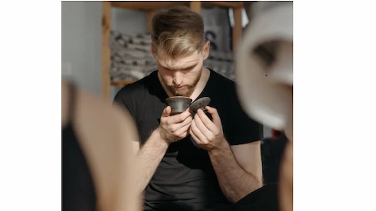 Man in a black shirt inspecting two small ceramic bowls, seated indoors, shelves with stacked items in the background, soft daylight casting shadows