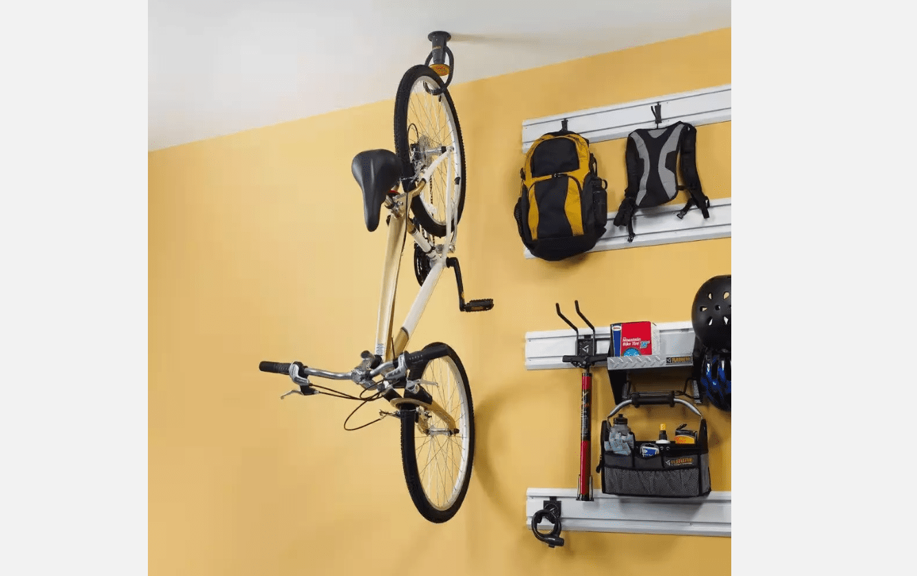 Ceiling-mounted bike to create more space for storage on the floor