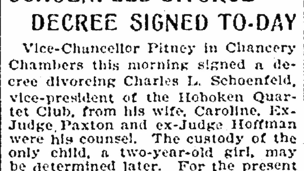 A "DECREE SIGNED TO-DAY", legal news article, chancery court decree, Vice Chancellor Finney, divorce case involving Charles L. Shoemaker, printed black and white text, historical legal documentation.