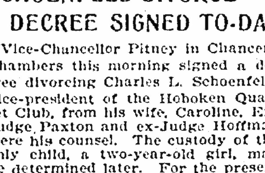 A "DECREE SIGNED TO-DAY", legal news article, chancery court decree, Vice Chancellor Finney, divorce case involving Charles L. Shoemaker, printed black and white text, historical legal documentation.