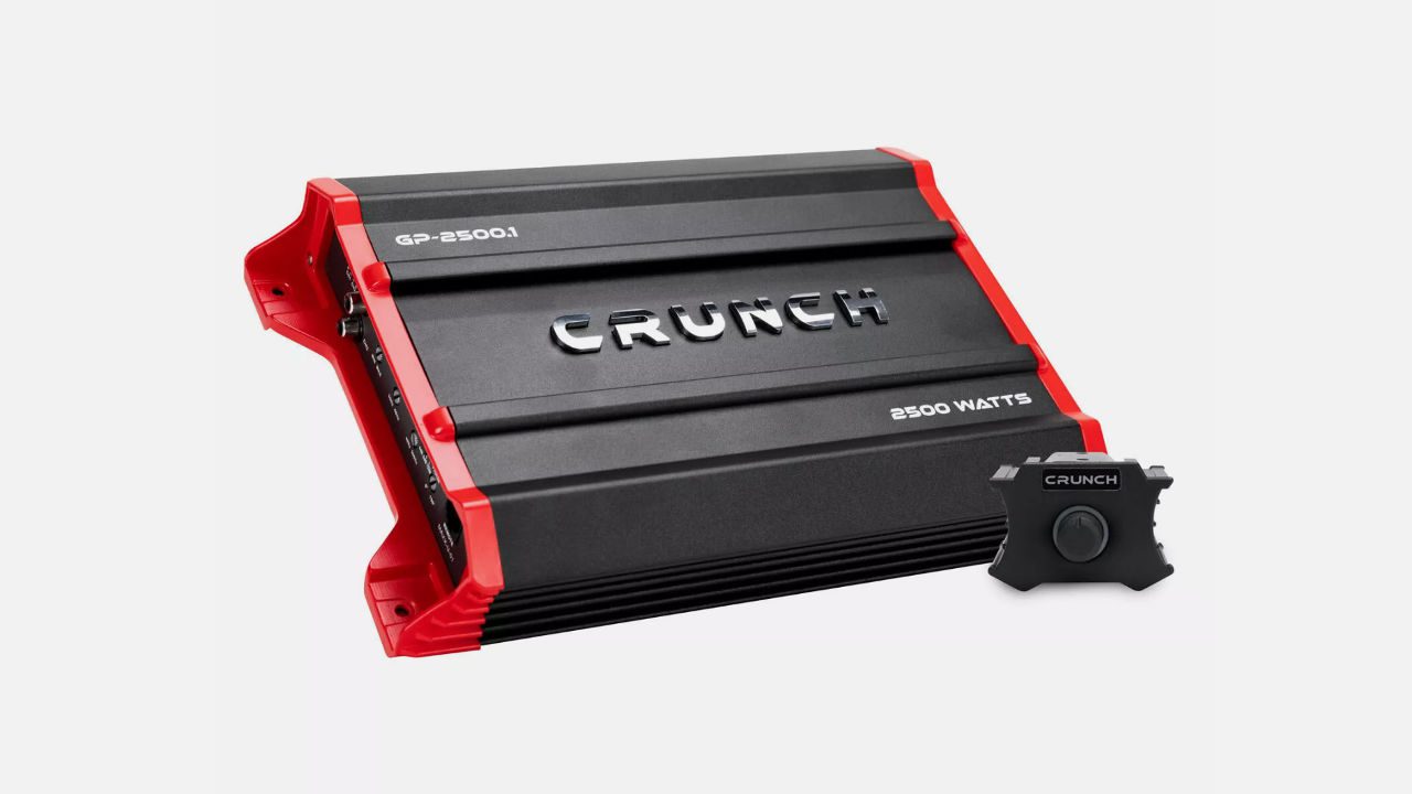 Crunch Ground Pounder GP-2500.1 car amplifier, black and red design, 2500 watts, with remote bass control knob