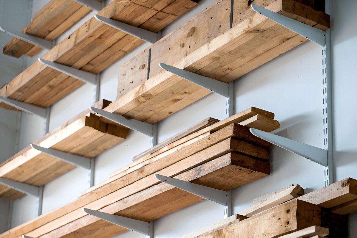 DIY wooden garage shelves using reclaimed wood