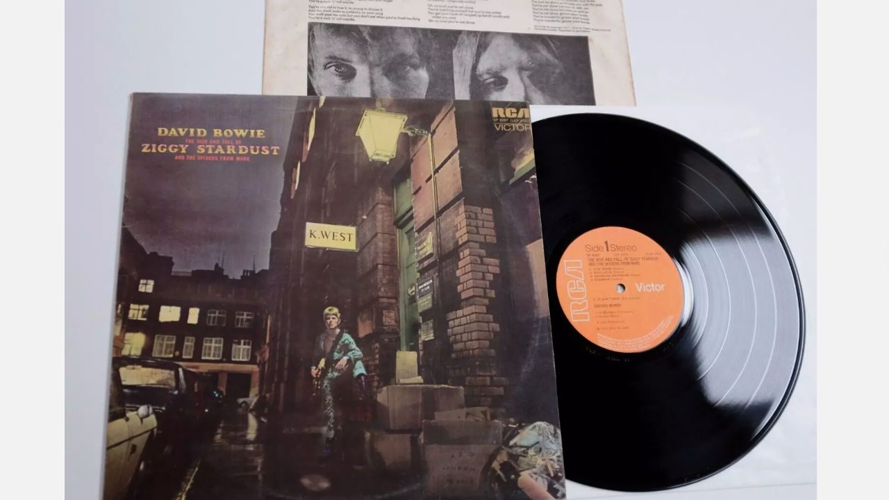 David Bowie's "The Rise and Fall of Ziggy Stardust and the Spiders from Mars" original UK pressing vinyl record, with iconic cover art showing Bowie