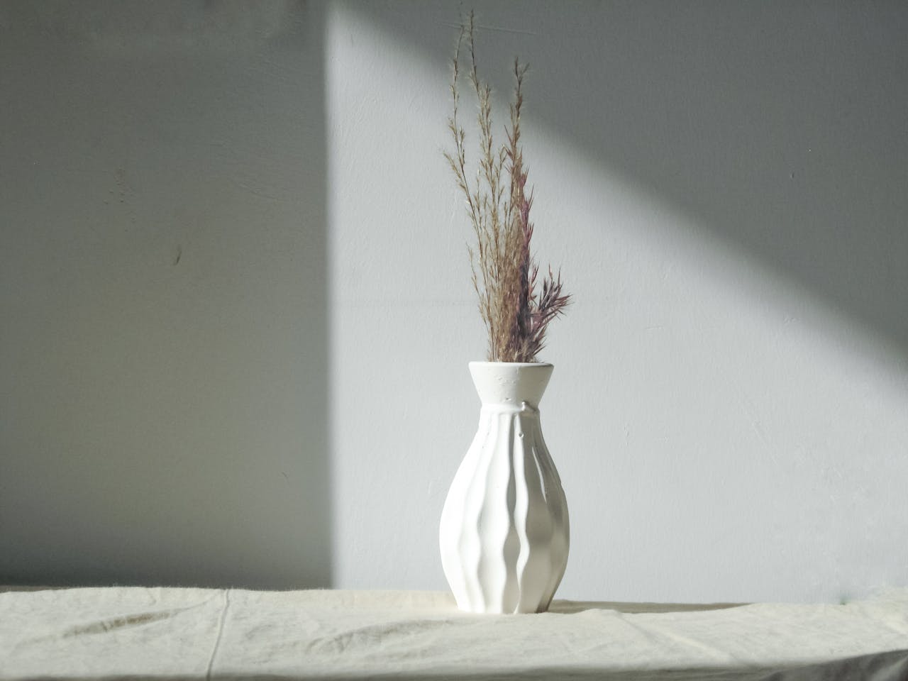 White ceramic vase, delicate embossed floral pattern, holding dried flowers, placed on light surface, strong diagonal shadow cast on wall, minimalistic and serene setting