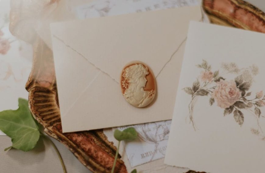 Vintage-style envelope sealed with a wax stamp, placed on a decorative tray, surrounded by floral-themed stationery, green leaves, and soft lighting