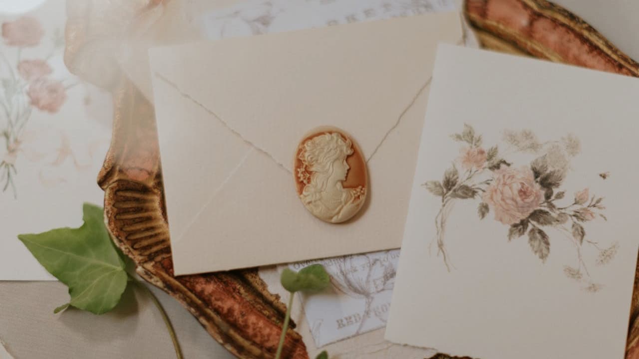 Vintage-style envelope sealed with a wax stamp, placed on a decorative tray, surrounded by floral-themed stationery, green leaves, and soft lighting
