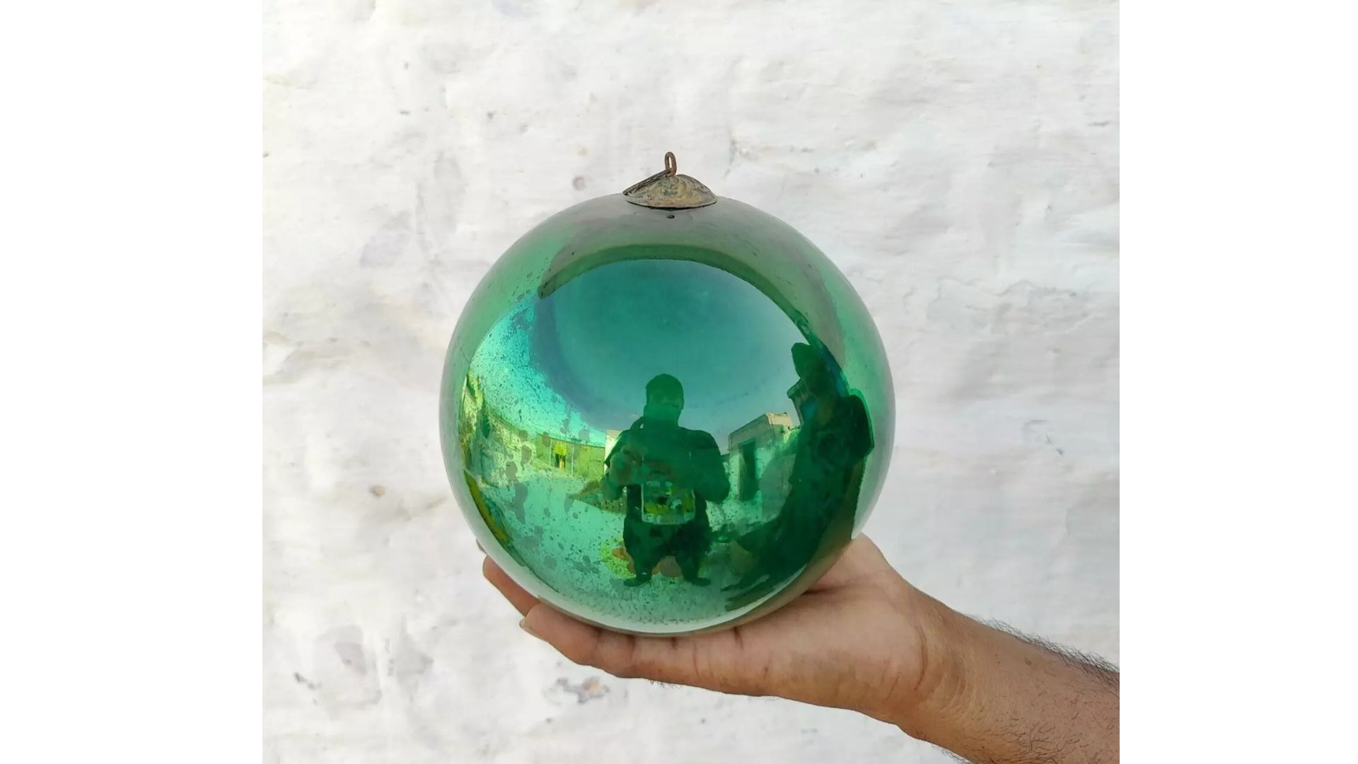 Antique Green Glass Ball 6.5" German Kugel Christmas Ornament 5 Leaves Cap 261