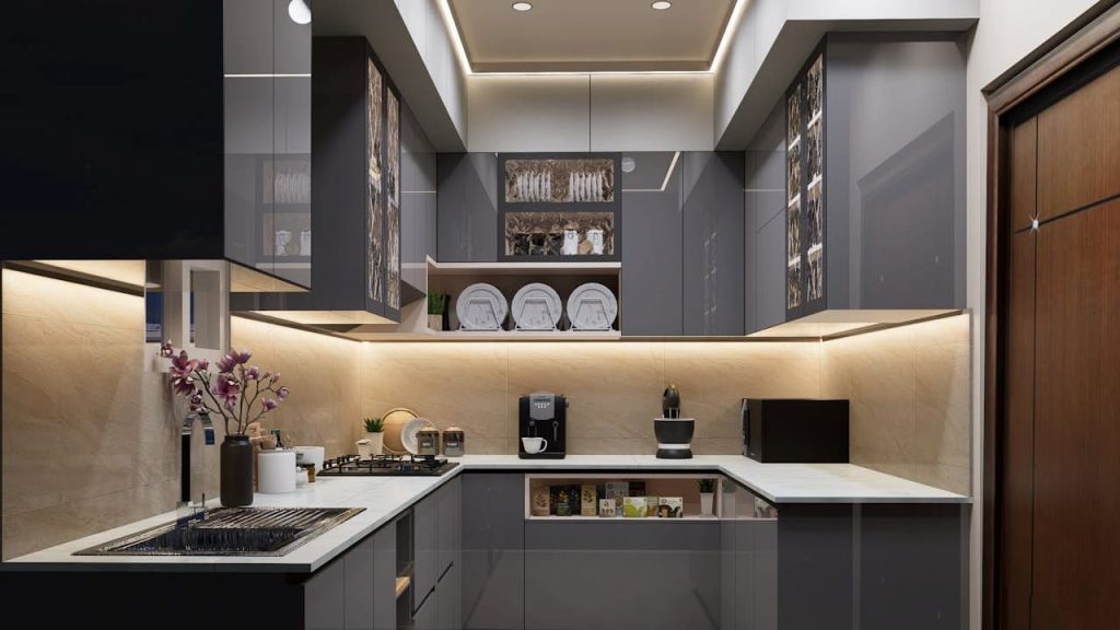 A modern U-shaped kitchen with sleek dark gray cabinets, white countertops, and warm LED strip lighting. The space features built-in appliances, open shelving with dishes, and a contemporary minimalist design with recessed ceiling lights